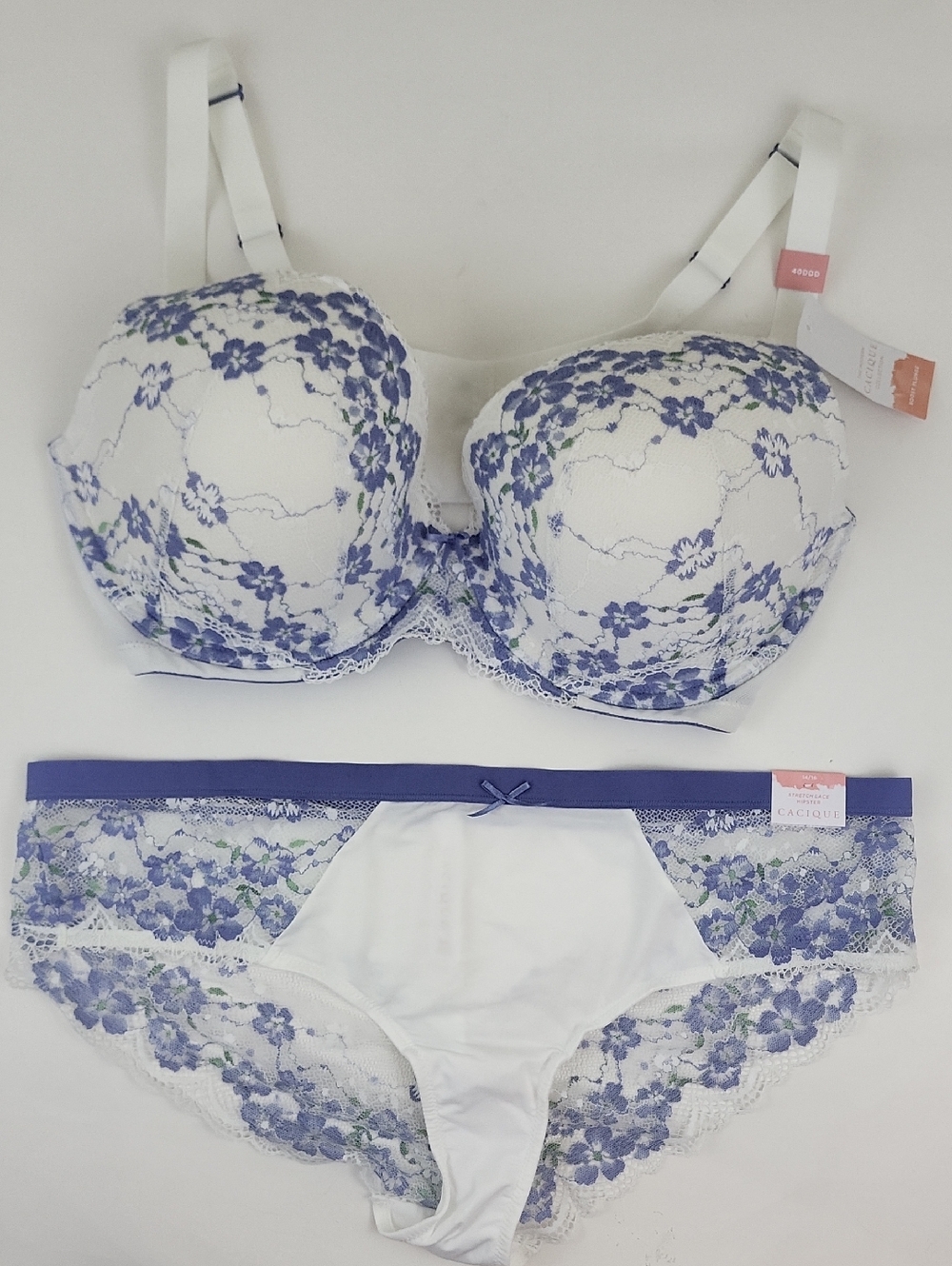 NWT Cacique White, Lavender Floral Lace Boost Plunge Bra & Hipster Panty Set